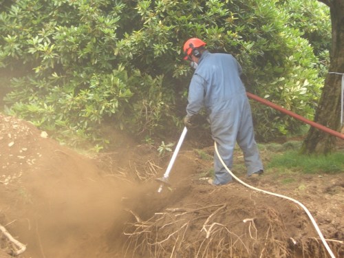 Air-tool excavation is a very messy process, and it bears mentioning again that eye, ear, head, and face protection are really necessary.  Mike Furgal is wearing a face mask here; a respirator would give him even greater lung protection.  Blowing a good sandy loam is one thing; when pebbles and small rocks show up in the soil they become missiles, so long sleeves and pants should also be worn.